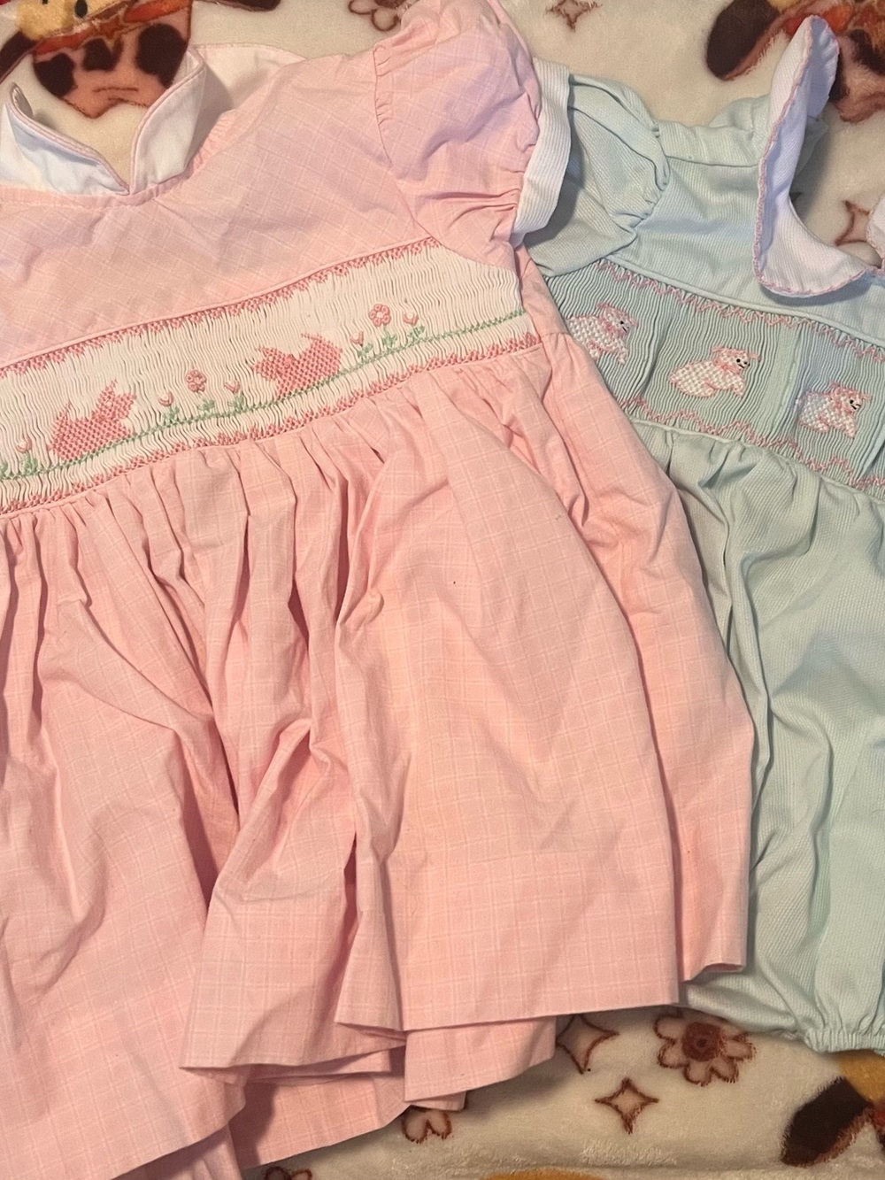 Carriage Boutique Pink and Light Blue Smocked Bunny Formal Dress Set